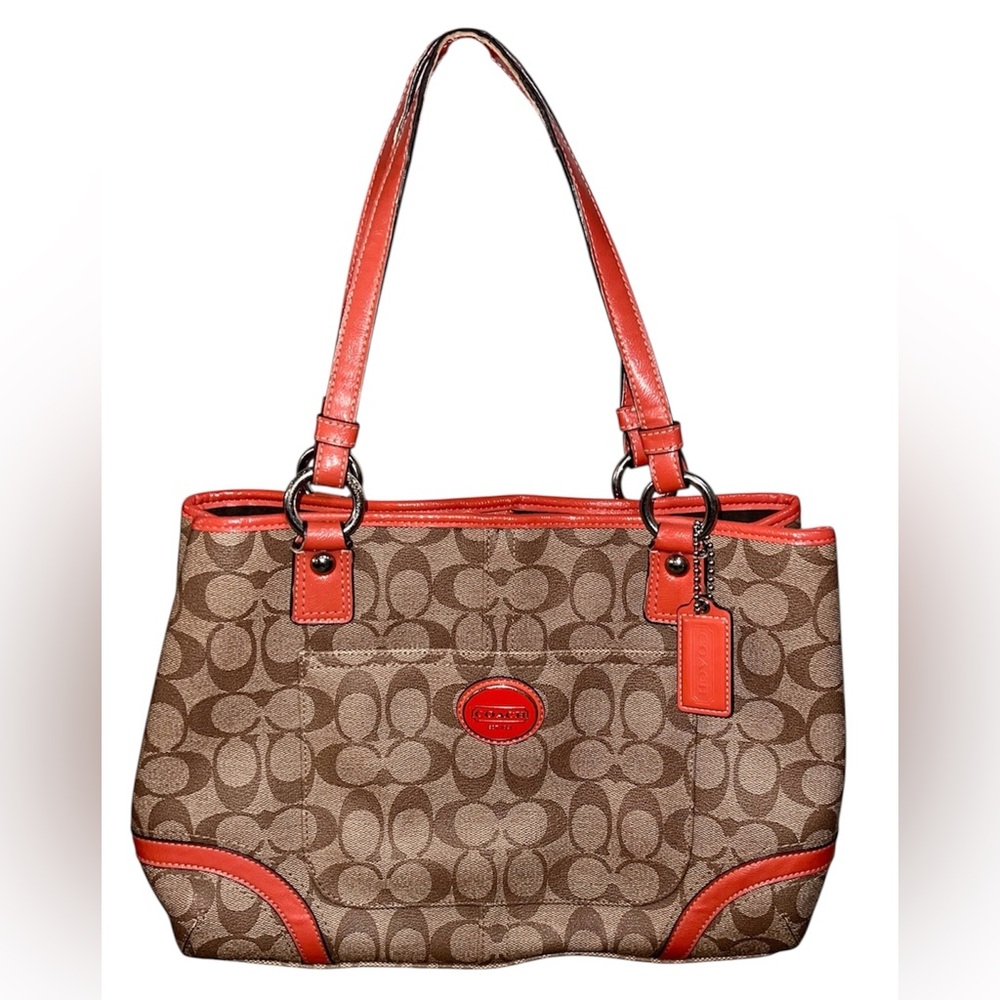 Coach Peyton Signature Logo Heritage Authentic Tote with Orange Leather Trim! 🧡